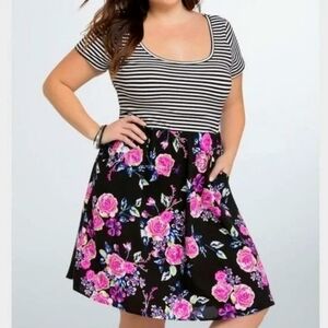 Torrid Striped Floral Fit and Flare Mini Dress with Pockets Size 1